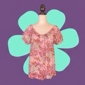 ModCloth Pink Retro Boho Multicolor Floral Shear Short Sleeve Peasant Top XL